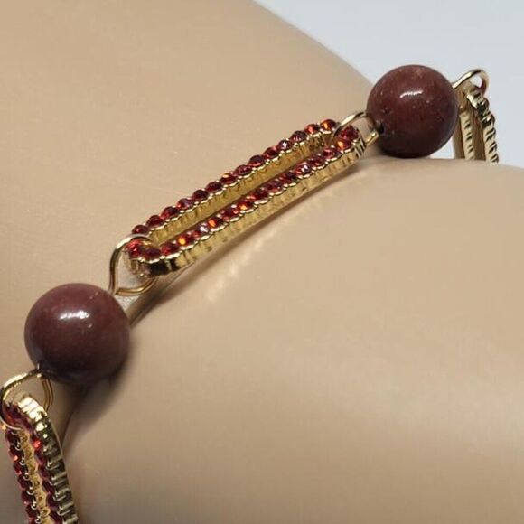 New, Not Worn, Austrian Crystal, Jasper Beaded Paper Clip Brass Bracelet - Picture 2 of 6